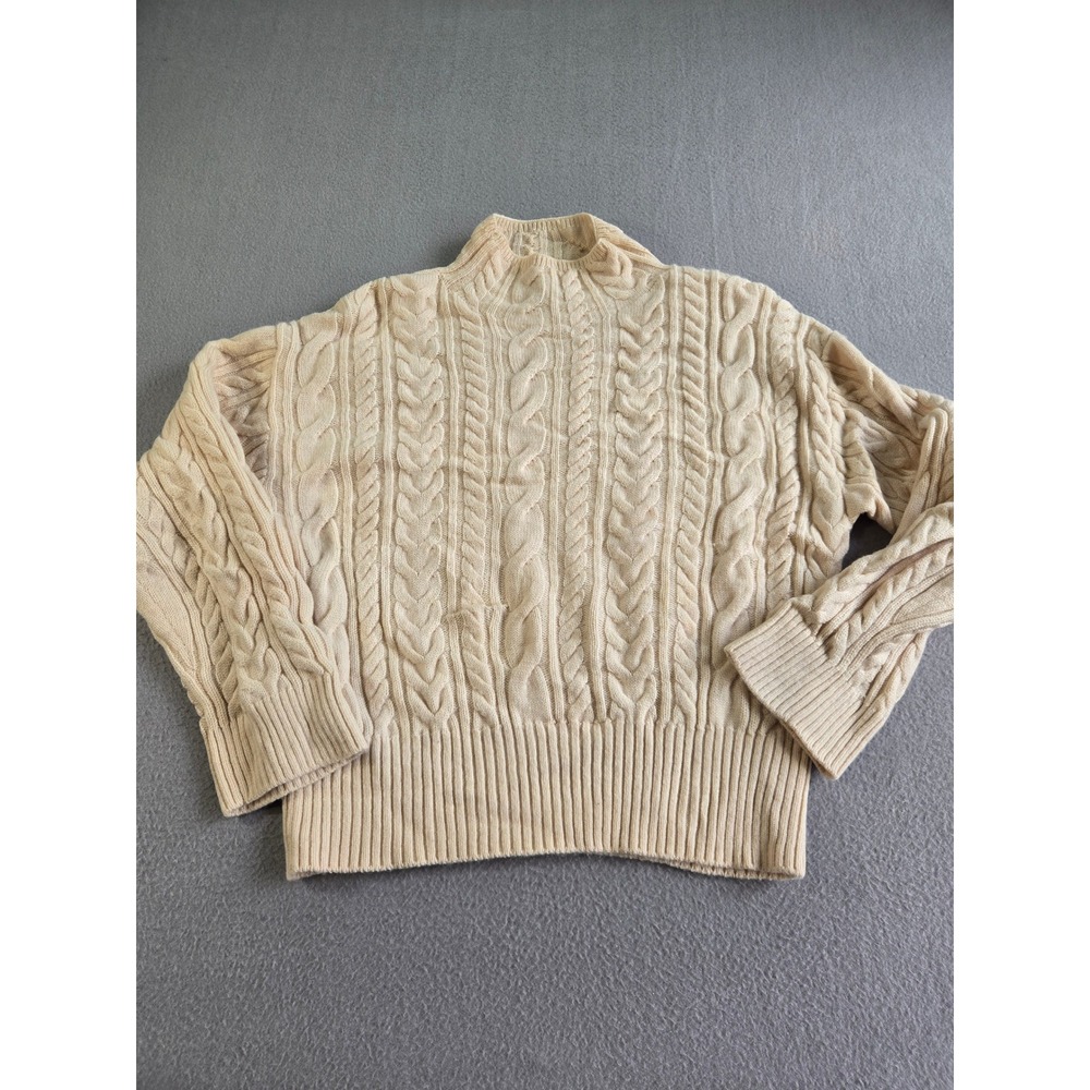 COS Cable Knit Sweater Women S Cream 100% Wool Mock Neck Cropped Chunky Pullover